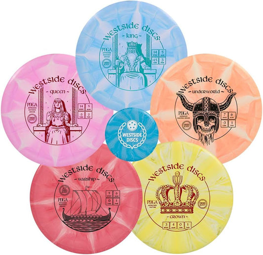 Origio Burst 5-Disc Golf Starter Set - Beginner Disc Golf Accessories for Men - 2X Drivers, 1X Fairway Driver, Midrange & Putter - Mini Marker Included - Colors Will Vary